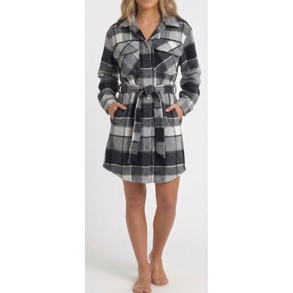 Blank NYC Plaid Shacket Dress Grey Black Buffalo Check Tie Waist Mini Small‎